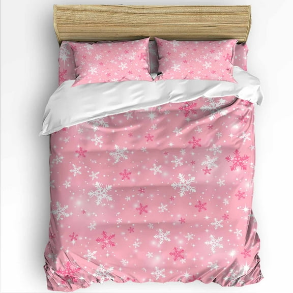 Pink Christmas Snowflakes Queen Size Comforter Set, Winter Snowfall Shiny White Modern Bedding for All Seasons, 4 Pcs Bed Set with 1Comforter (90"x92") ,1 Sheet(94"x116"), 2 Pillowcases (19"x29")