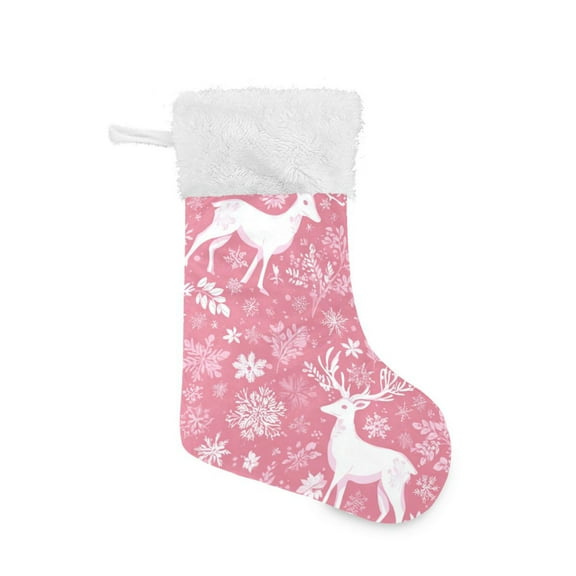 Pink Christmas Snowflakes Reindeer Christmas Stockings Large Capacity 18 inch Gift Bag with Hook Xmas Holiday Decor 1 Pack