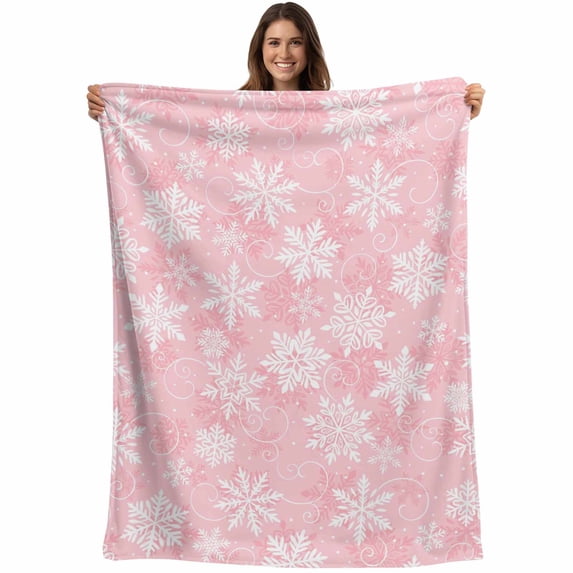 Pink Christmas Snowflakes Throw Blankets, White Winter Snow Soft Fleece Blanket Decorative for Home Sofa Couch Chair Living Bedroom, 60x80 inches,