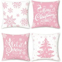 Pink Christmas Snowflakes Throw Pillow Covers 18x18 Inch Xmas Tree Let It Snow Winter Holiday Decorative Pillows Soft Velvet Cushion Covers for Outdoor Couch Sofa Decor Set of 4