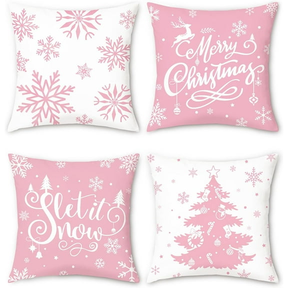 Pink Christmas Snowflakes Throw Pillow Covers 18x18 Inch Xmas Tree Let It Snow Winter Holiday Decorative Pillows Soft Velvet Cushion Covers for Outdoor Couch Sofa Decor Set of 4