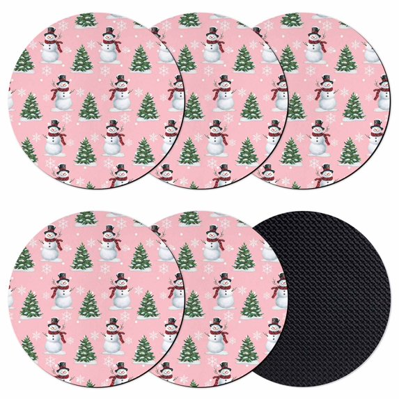 Pink Christmas Snowman Coasters Set of 6, Absorbent Coasters for Drinks, Winter Snowflakes Xmas Tree Forest Coaster for Desk Coffee Table Protection, Home Decor House Warming Gifts 4"