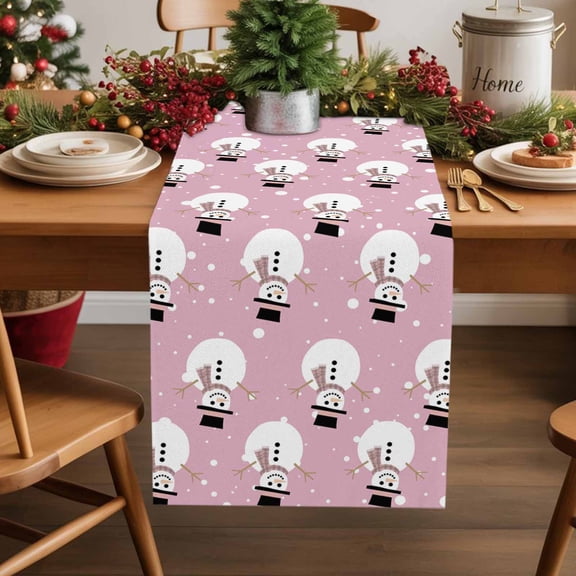 Pink Christmas Snowman Cotton Linen Table Extra Long Runner 13 x 120 inch Winter Xmas Snowflake Cute Non-slip Rectangular Dining Table Decor for Wedding Party Holiday Dinner