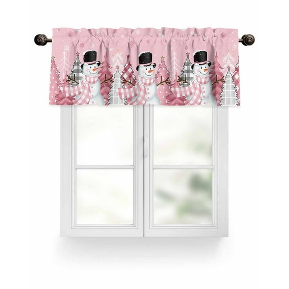 Pink Christmas Snowman Kitchen Valances for Windows Plaid Trees Winter Snowflake Valance Curtains&nbsp; for Kitchen /Living Room/Bedroom/ Bathroom Decor, 54"x18 " ,Rod Pocket 1 Panel, White