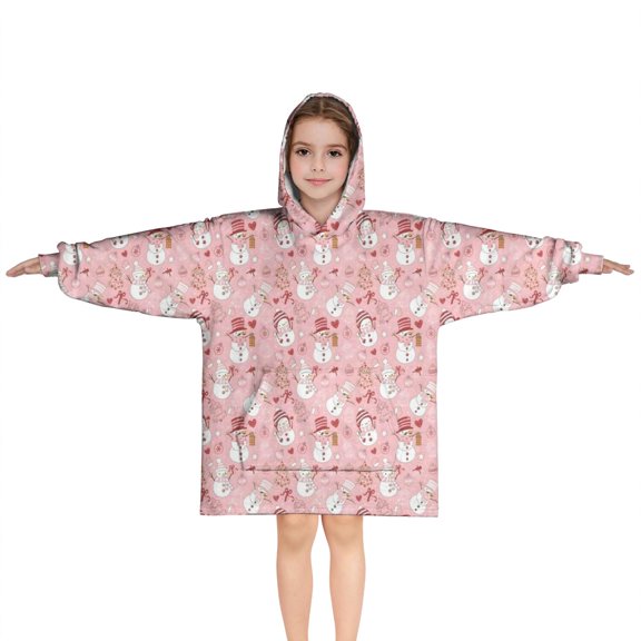 Pink Christmas Snowman Pattern Blanket Hoodies for Kids 6-13YR Oversize Wearable Blanket Hoodies for Boys Girls Teens