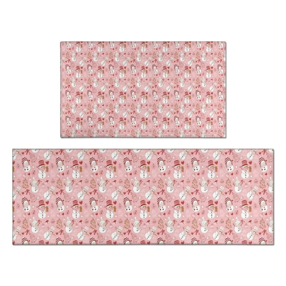 Pink Christmas Snowman Pattern Kitchen Rugs Sets Of 2,Anti Fatigue Kitchen Mat Rugs Non Slip Washable,Decorative Kitchen Floor Mats for Kitchen,Sink,Laundry,17"x30"+17"x47"