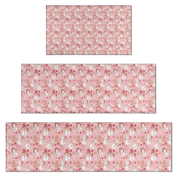 Pink Christmas Snowman Pattern Kitchen Rugs Sets Of 3,Kitchen Runner Rugs Non Skid Washable,Decorative Kitchen Floor Mats for Kitchen,Sink,Laundry,17"x30"+ 17"x47" + 17"x59"