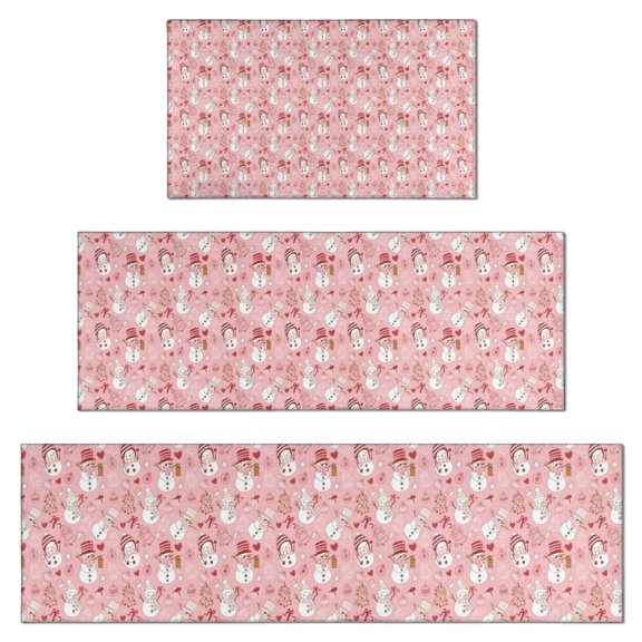 Pink Christmas Snowman Pattern Kitchen Rugs Sets Of 3,Kitchen Runner Rugs Non Skid Washable,Decorative Kitchen Floor Mats for Kitchen,Sink,Laundry,17"x30"+ 17"x47" + 17"x59"