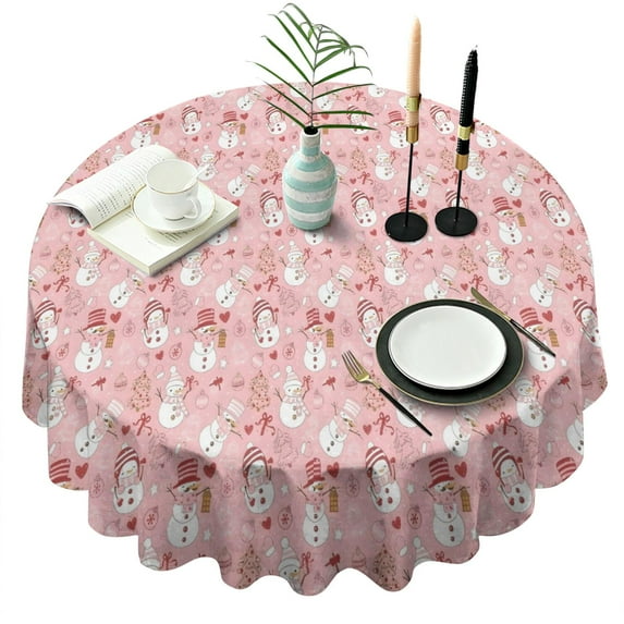 Pink Christmas Snowman Pattern Round Tablecloth 60"x60",Wrinkle Wipeable Table Cloth for Kitchen Dining Room Picnic Patio Party
