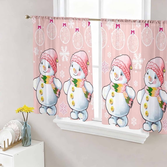Pink Christmas Snowman Sheer Curtains 45 Inch Length 2 Panels Set Window Treatments, Winter Snowflakes Xmas Balls Rod Pocket Semi Curtains for Living Room/Bedroom/Kitchen Décor, 104"W x 45"L