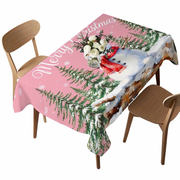 Pink Christmas Snowman Table Cloth, Waterproof Tablecloth for Rectangle Tables, Xmas Tree Snowflake Merry Christmas Washable Fabric Table Cover for Restaurant Kitchen Dining Tables 52"x70"