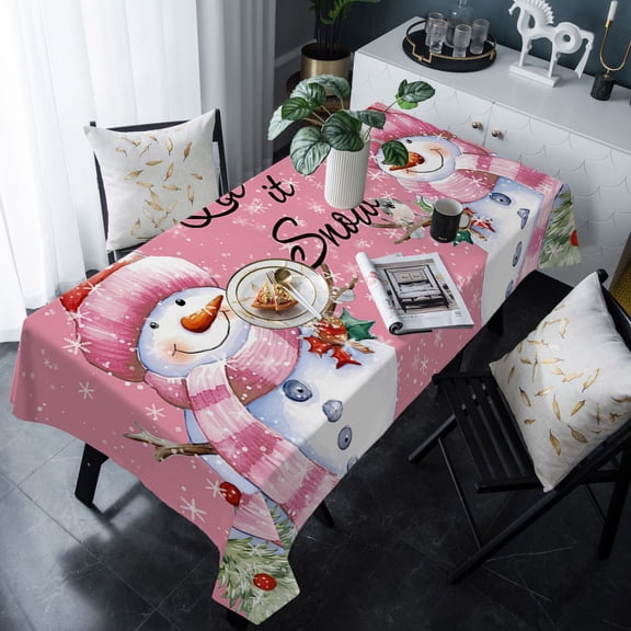 Pink Christmas Snowman Tablecloth Rectangle Table Cloths 54x108 , Waterproof Tablecloth Outdoor Table Cloth, Xmas Birds Winter Snowflake Washable Table Cover for Kitchen Dining Party