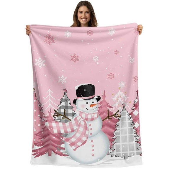 Pink Christmas Snowman Throw Blankets, Plaid Trees Winter Snowflake Soft Fleece Blanket Decorative for Home Sofa Couch Chair Living Bedroom, 40x50 inches,