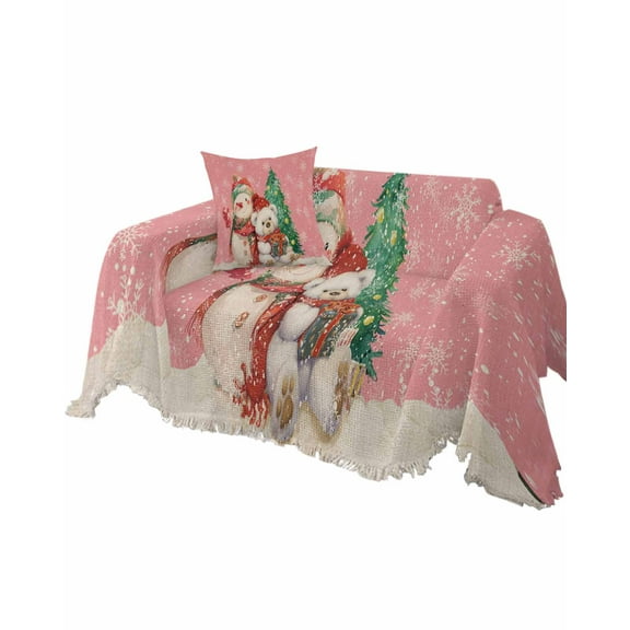 Pink Christmas Sofa Couch Covers for Dogs, Washable Sofa Throw Cover Single Slipcovers for Armchair with Tassels, Snowman Bear Xmas Tree Snowflake Couch Protector Towel Blanket M 71''x91''