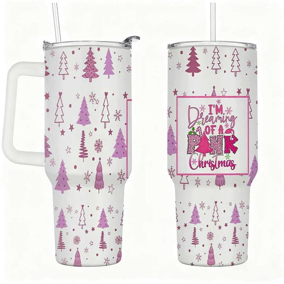 Pink Christmas Stainless Steel Tumbler with Straw, Double-Wall Insulated Travel Mug, Holiday Tree Print Cup for Hot & Cold Drinks