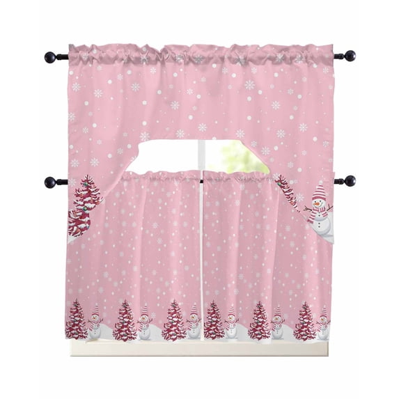 Pink Christmas Swag Kitchen Curtains Sets for Windows 24 Inch Length, Winter Snowman Pine Tree Snow Scene Short Window Curtain Panels Swags Valances and Tiers 3 Piece Set for Cafe/Dining Room