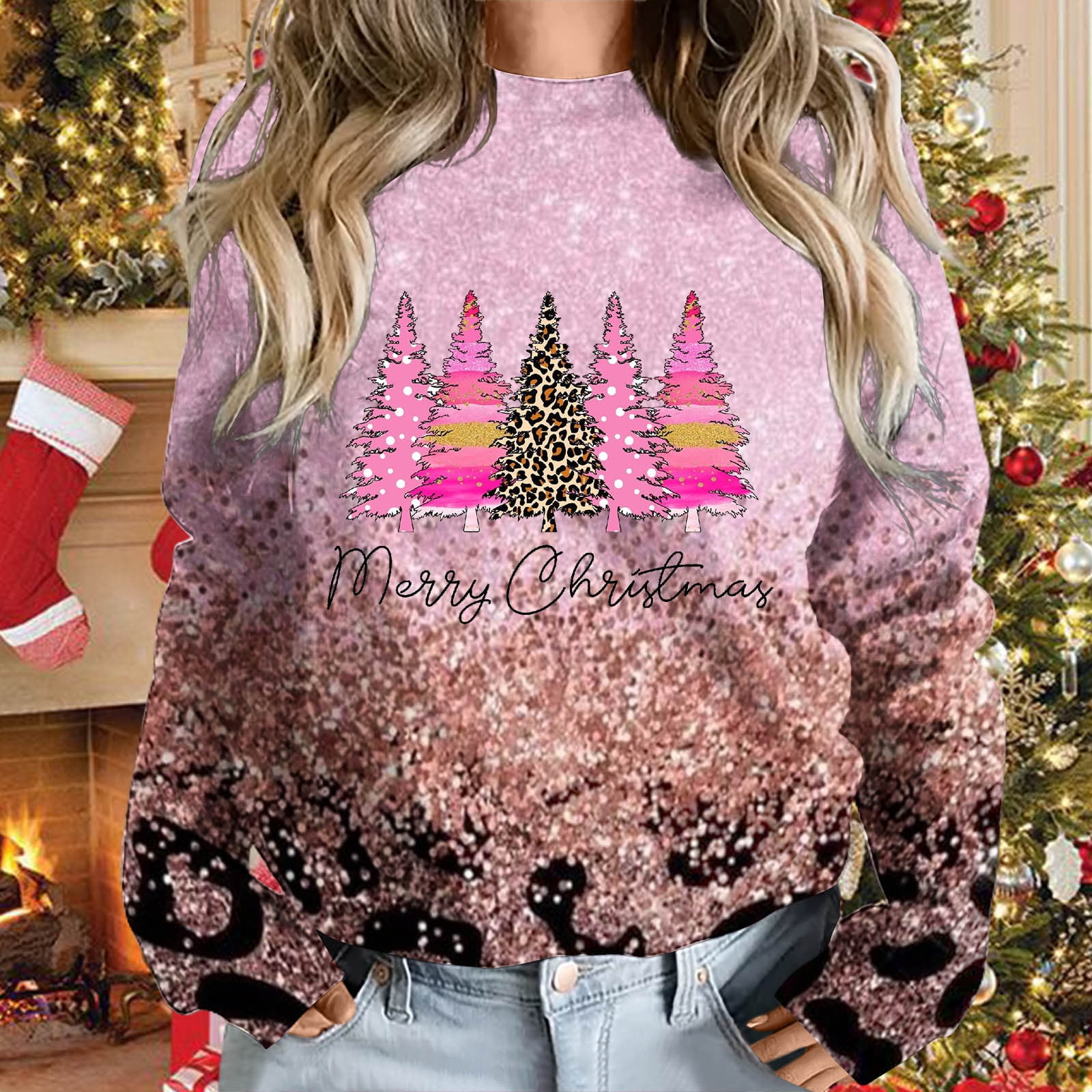 Pink Christmas Sweatshirts for Women Sale Plus Size Womens Printed Ugly Christmas Sweatshirt Long Sleeve Crewneck Sweatshirts Loose Fit Tops Sweaters qILAKOG Size S Walmart