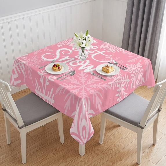 Pink Christmas Table Cloth Waterproof Tablecloths, Winter Xmas White Snowflakes Texture Tablecloth Dining Table Cover for Kitchen Party Tabletop Outdoor, Square Tablecloth 54x54 Inch
