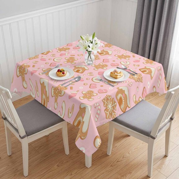 Pink Christmas Table Cloth Waterproof Tablecloths, Xmas Gingerbread Winter Cane Candy Snowflakes Tablecloth Dining Table Cover for Kitchen Party Tabletop Outdoor, Square Tablecloth 54x54 Inch