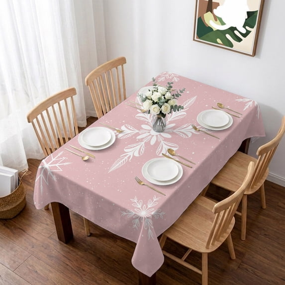 Pink Christmas Table Cloth Waterproof Tablecloths, Xmas Snowflake Winter Tablecloth Dining Table Cover for Kitchen Party Tabletop Outdoor, Rectangle Tablecloth 52x70 Inch