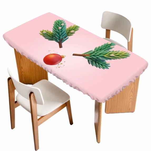 Pink Christmas Table Cloths for 4 Foot Rectangle Tables, Xmas Tree Ball Winter Modern Art Patio Waterproof Elastic Fitted Tablecloths, Washable Rectangular Table Cover for Camping