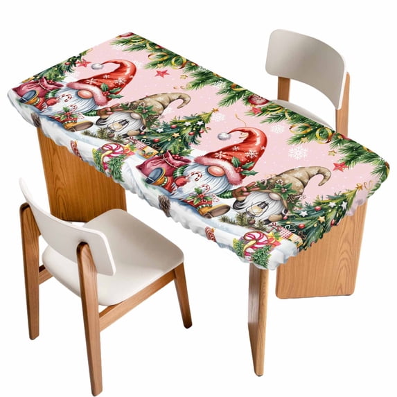 Pink Christmas Table Cloths for 5 Foot Rectangle Tables, Gnomes Xmas Tree Snowflake Gifts Patio Waterproof Elastic Fitted Tablecloths, Washable Rectangular Table Cover for Camping