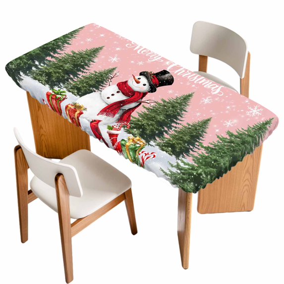 Pink Christmas Table Cloths for 5 Foot Rectangle Tables, Xmas Tree Snowflake Winter Gifts Patio Waterproof Elastic Fitted Tablecloths, Washable Rectangular Table Cover for Camping
