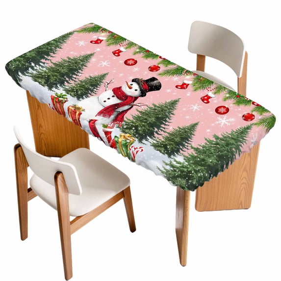 Pink Christmas Table Cloths for 6 Foot Rectangle Tables, Xmas Tree Ball Snowflake Winter Gifts Patio Waterproof Elastic Fitted Tablecloths, Washable Rectangular Table Cover for Camping