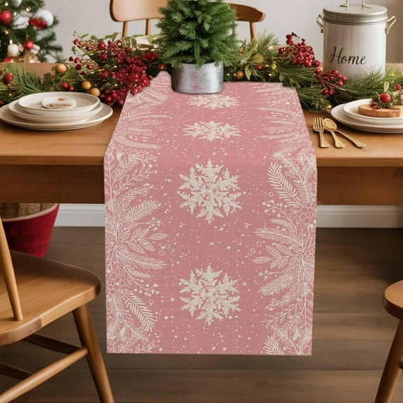 Pink Christmas Table Runner 36 Inches Long for Dining Table Decor, Cotton Linen Winter Snowflake Table Runner Washable Dresser Scarf for Kitchen Christmas Holiday Seasonal Leaves Pine Cones