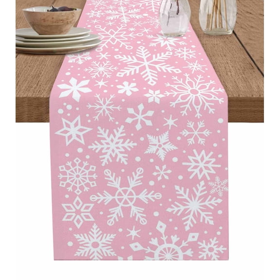 Pink Christmas Table Runner 60 Inches, Snowflakes Xmas Winter Retro New Year Bed Runner Dresser Scarves Tabletop for Indoor Outdoor Parties/Ceremony/Banquet, 13" x 60"