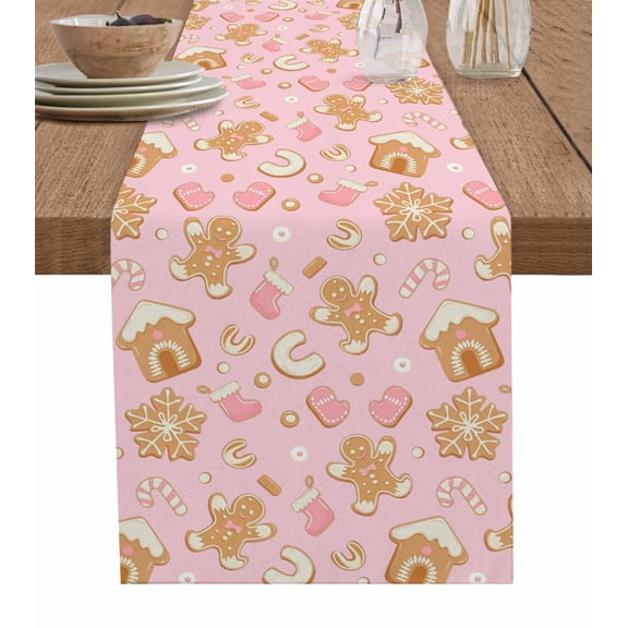 Pink Christmas Table Runner 60 Inches, Xmas Gingerbread Winter Cane Candy Snowflakes Bed Runner Dresser Scarves Tabletop for Indoor Outdoor Parties/Ceremony/Banquet, 13" x 60"