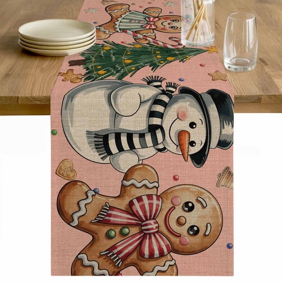 Pink Christmas Table Runner 70 Inches Long Farmhouse Dress Scarves, Xmas Tree Gingerbread Snowman Winter Dining Tablerunner for Coffee Table/Kitchen Island/Party Décor, 13" x 70"