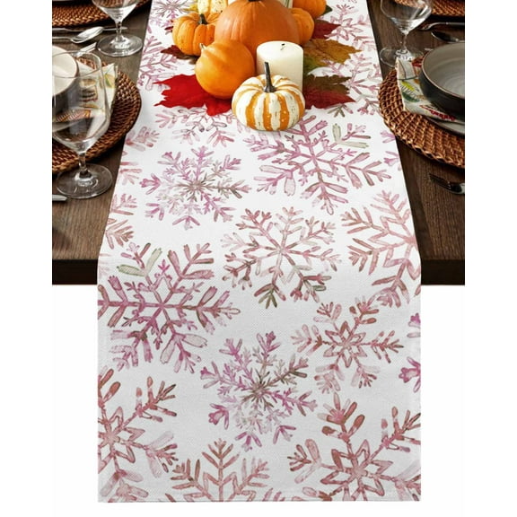 Pink Christmas Table Runner-Cotton Linen- 70 Inch Holiday Dresser Scarves, Xmas Snowflake Simple White Tablerunner for Kitchen Coffee/Dining Bedroom Home Living Room Dinner Scarf Décor 13x70