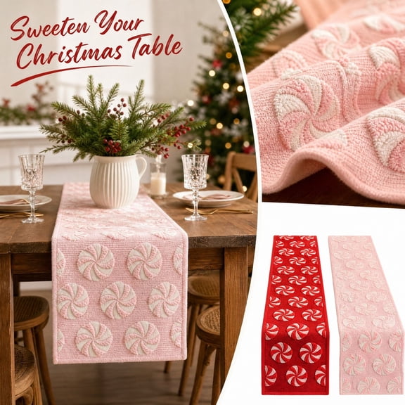 Pink Christmas Table Runner with Embroidered Spiral Knit Design, Cozy Dining Table Runner for Holiday Home Decor and Festive Gatherings, Pink Christmas Decorations Table Mat with