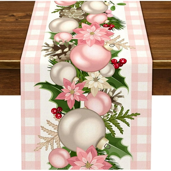 Pink Christmas Table Runner Pink and White Buffalo Check Plaid Xmas Decoration Seasonal Winter Holiday Home Kitchen Island Dining Room Decor