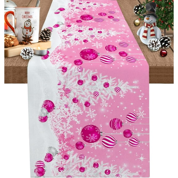 Pink Christmas Table Runner, White Xmas Tree Snowflakes Pink Balls Cotton Linen Tablecloth Holiday Farmhouse Table Decor for Home,Kitchen,Dining Room,Indoor,Outdoor,13X48 Inches Long, Winter