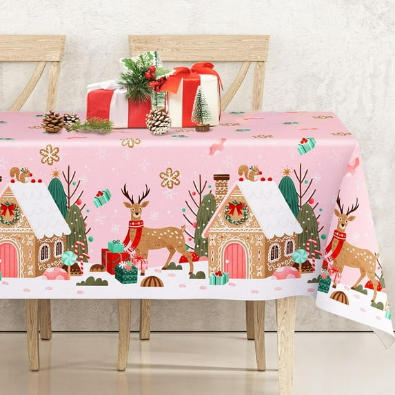 Pink Christmas Tablecloth Gingerbread House Reindeer Table Cloth Rectangle Table Cover for Xmas Holiday Party Supplies, 60 x 84 Inch