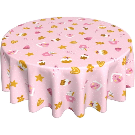 Pink Christmas Tablecloth Round 60 Inch Cute Gingerbread Cupcake Dessert Washable Wrinkle Stain-Resistant Polyester Table Cloth Rustic Indoor Winter Decorations for Home Kitchen Dinning Party Holiday