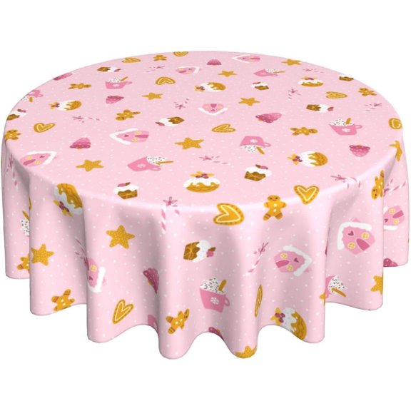 Pink Christmas Tablecloth Round 60 Inch Cute Gingerbread Cupcake Dessert Washable Wrinkle Stain-Resistant Polyester Table Cloth Rustic Indoor Winter Decorations for Home Kitchen Dinning Party Holiday