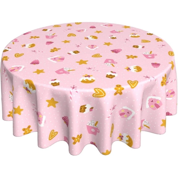 Pink Christmas Tablecloth Round 60 Inch Cute Gingerbread Cupcake Dessert Washable Wrinkle Stain-Resistant Polyester Table Cloth Rustic Indoor Winter Decorations for Home Kitchen Dinning Party Holiday