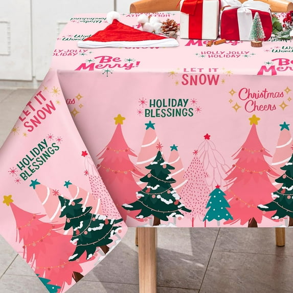 Pink Christmas Tablecloth Xmas Trees Rectangle Table Cloth Holiday Blessings Washable Table Cover for Winter Holiday Picnic Dining, 60 x 102 Inch