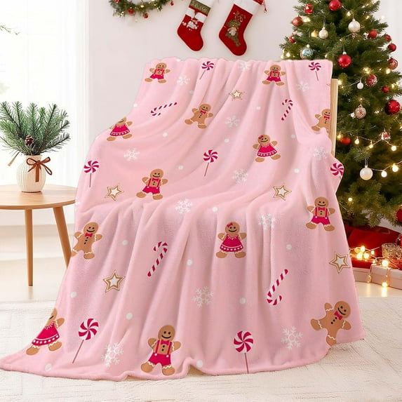 Pink Christmas Throw Blanket 50 X 60 Inches Soft Cute Gingerbread-Man Christmas Blanket for Couch Sofa Bed Cozy Warm Winter Xmas Holiday Blanket for Home Decor