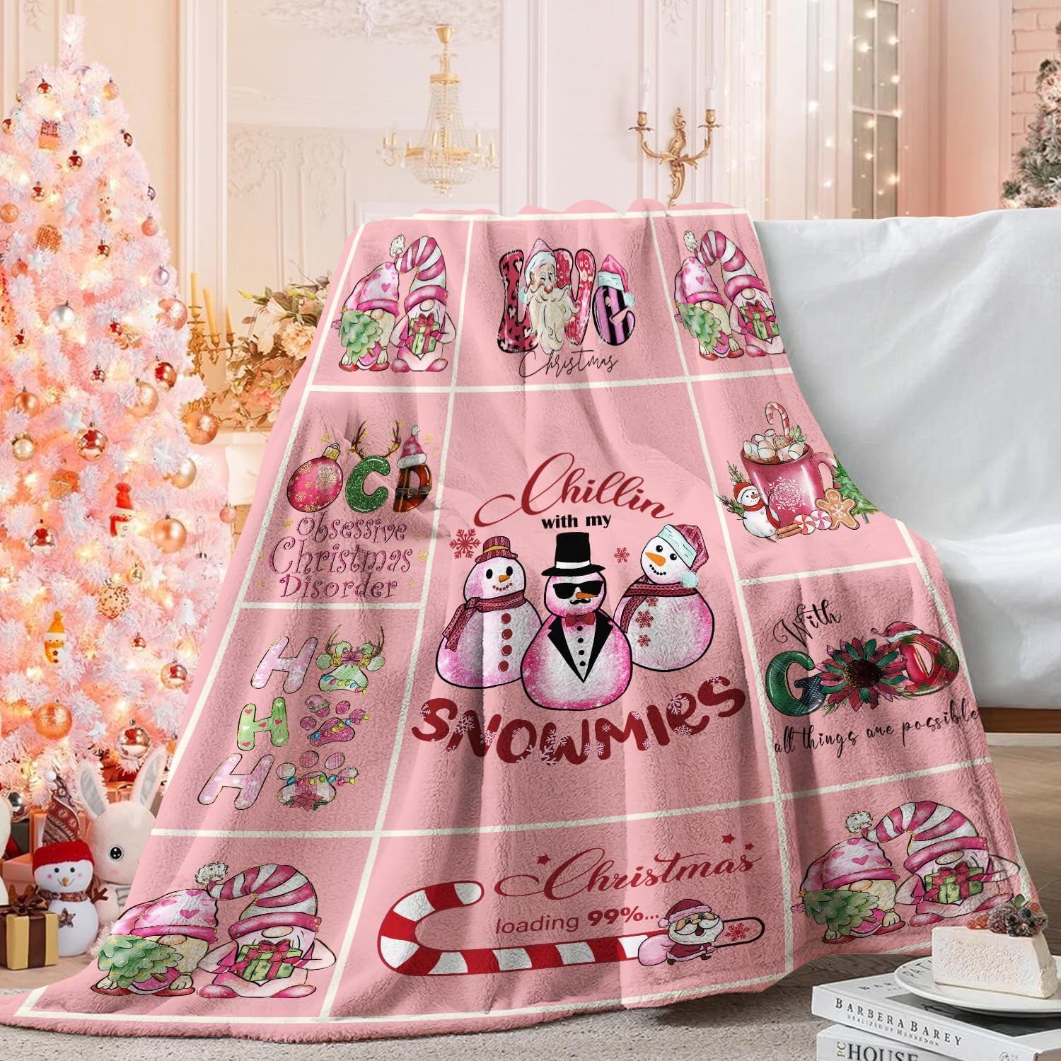 Pink Christmas Throw Blanket, Gnome Blanket Fluffy Flannel Fleece