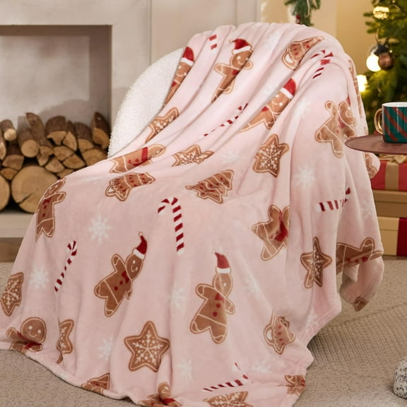 Pink Christmas Throw Blanket for Couch - Soft and Warm Gingerbread Blanket Pink Christmas Decor Gifts for Women, 50"x60"