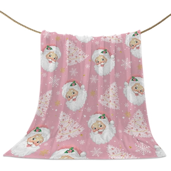 Pink Christmas Throw Blankets, Santa Claus Merry Christmas Tree Soft Fleece Blanket Decorative for Home Sofa Couch Chair Living Bedroom,40x50 Inches, Winter Snowflake