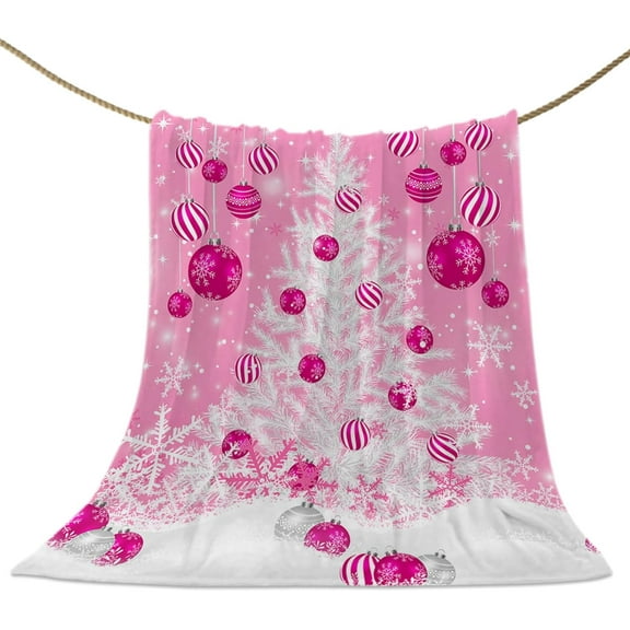 Pink Christmas Throw Blankets, White Xmas Tree Snowflakes Pink Balls Soft Fleece Blanket Decorative for Home Sofa Couch Chair Living Bedroom,50x60 inches, Winter