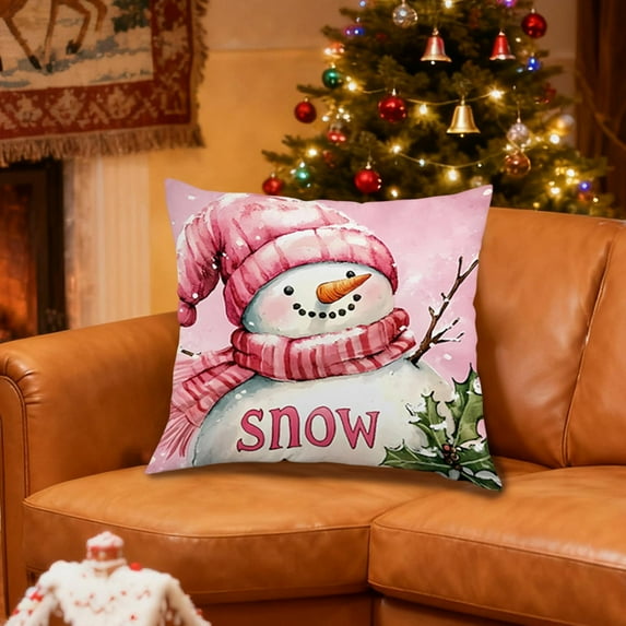 Pink Christmas Throw Pillow Covers, 18x18 Pillow Cases with Vintage Snowman Santa Deer Tree Design, Holiday Decorative Cushion Covers for Couch, Sofa, Living Room, Outdoor & Home A