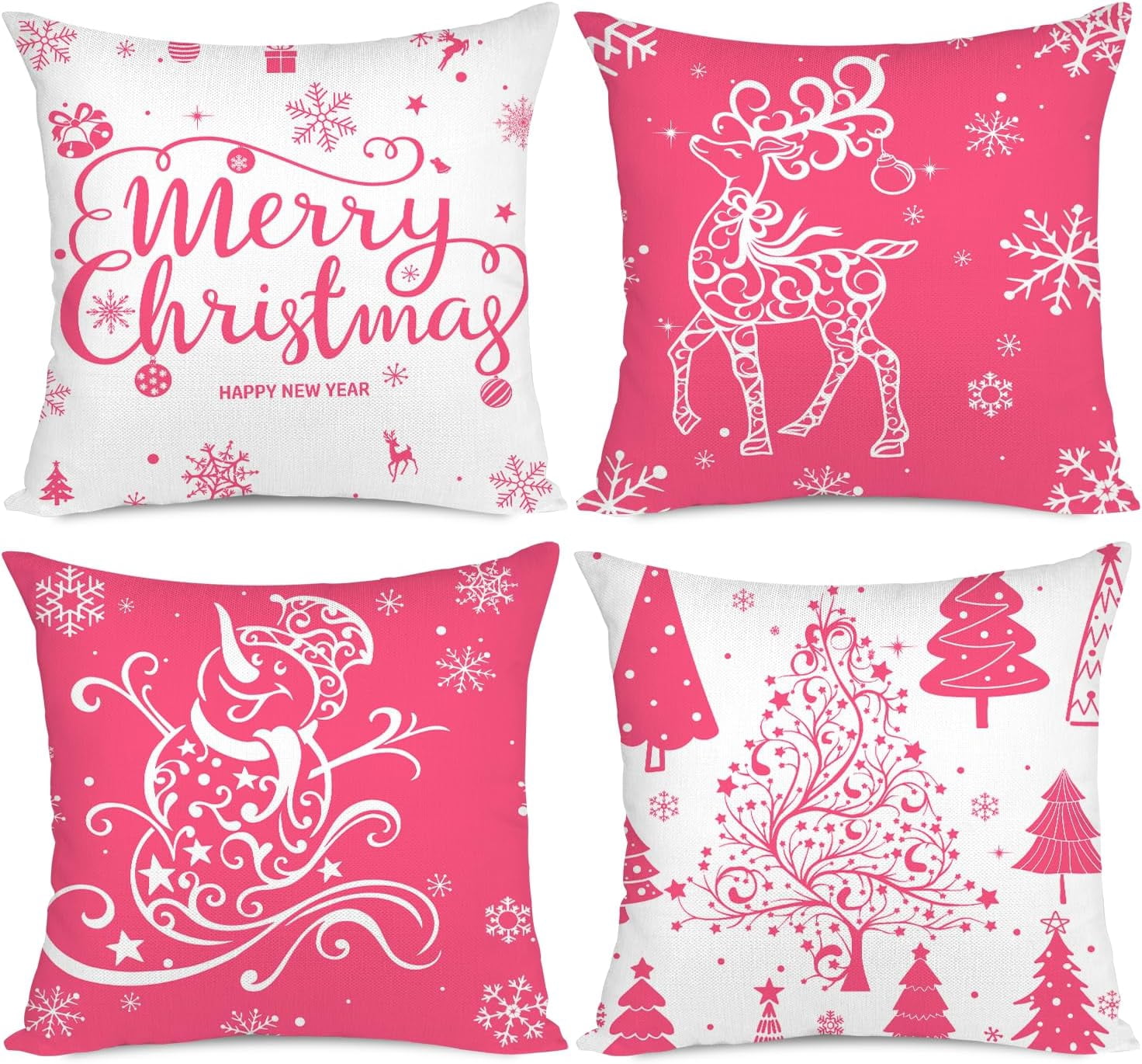 Pink Christmas Throw Pillow Covers 20x20 Set of 4 Christmas Decoration Trees Deer Snowman Merry Christmas Decorative Holiday Farmhouse Pillow Covers for Holiday Christmas Decoration
