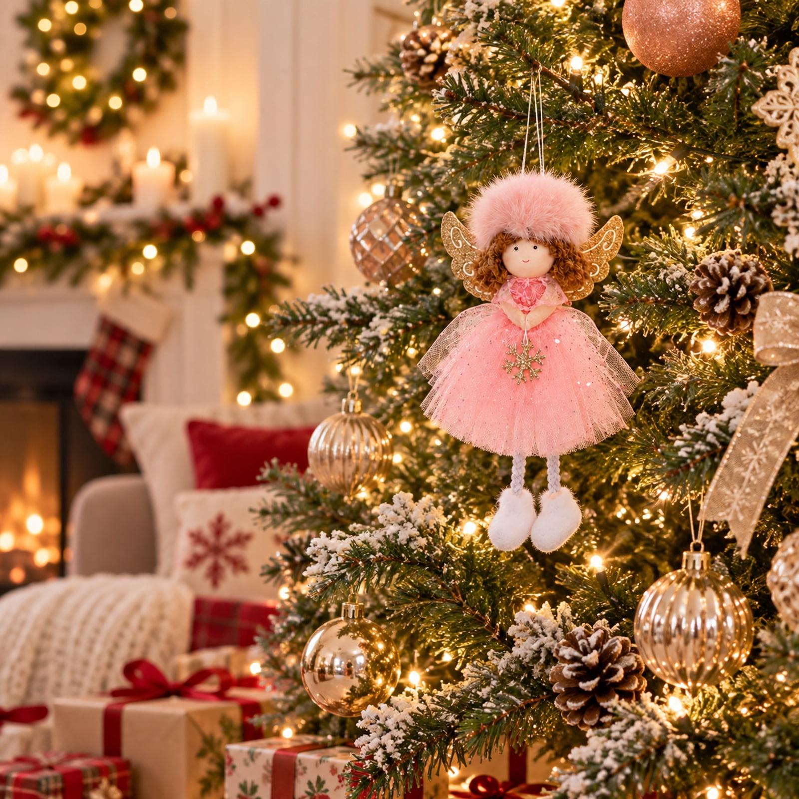 Pink Christmas Tree Angel Ornament with Glitter Wings and Tulle Dress ...
