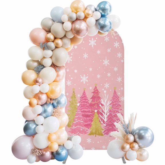 Pink Christmas Tree Arch Backdrop Cover 7.2x4 Ft, Spandex Wedding Arch Stand Cover, Pink Golden Xmas Tree Snowflake Winter Round Top Stretch Fitted Background Covers for Birthday Ceremony Party Decor